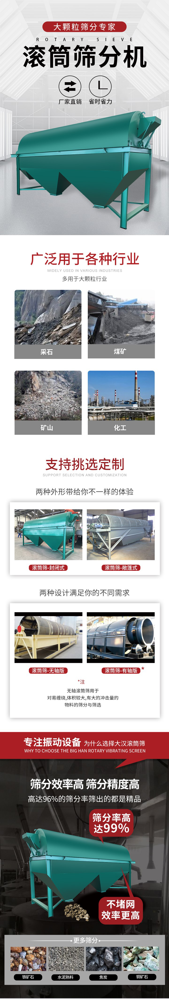 滾筒篩分機大顆粒篩分專家：廠家直銷，省時省力。滾筒篩被廣泛應用各種行業：多用于大顆粒行業例如：采石，煤礦，礦山，化工等。滾筒篩定制類型有哪些：封閉式與敞篷式產品結構分為：無軸式，有軸式兩種，無軸滾筒篩用于對纏繞，體積較大，有大的沖擊量的物料的篩分與篩選。滾筒篩篩分效率高篩分精度能夠達到：96%也比較適用于鐵礦石，水泥熟料，焦炭，銅礦石。滾筒篩特點：不飛粉末：密封隔離罩，密封性好，工作過程不會出現飛粉現象。外型尺寸是按筒體長計